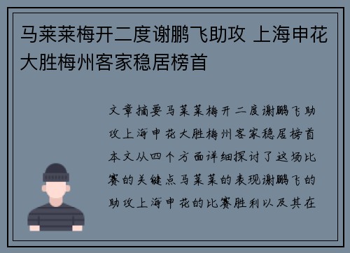 马莱莱梅开二度谢鹏飞助攻 上海申花大胜梅州客家稳居榜首