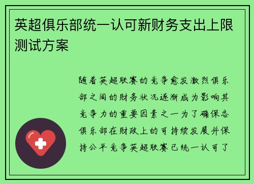 英超俱乐部统一认可新财务支出上限测试方案